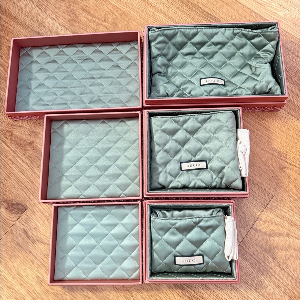 Gucci Quilted Sage Green Jewelry Pouch Set with Boxes